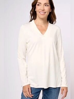 Belle by Kim Gravel QVC Tunic Top Large Ivory TripleLuxe Knit Crossover V-Neck
